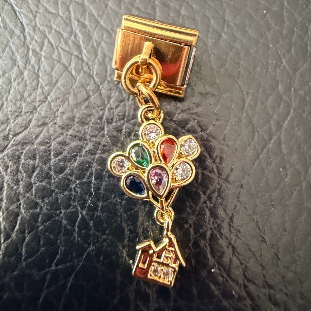 Gold Tone House & Balloons Dangle Italian Charm – Multicolour Crystal Detail